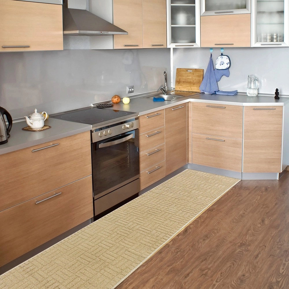 Tappeto Cucina Super Assorbente Tessitura 3D Tinta Unita Minimalista Moderno Beige - 50x290 Cm