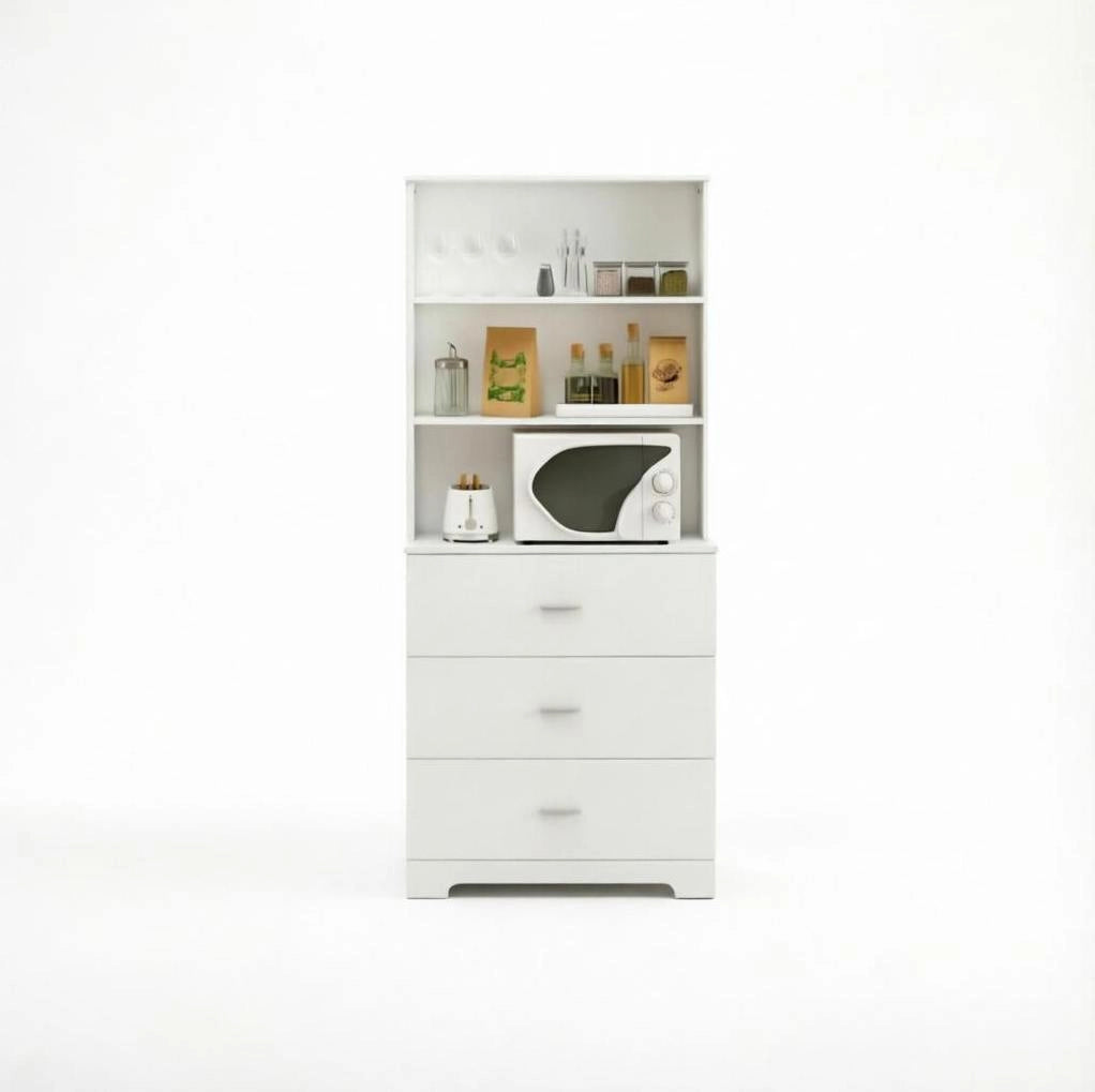 Libreria bianca con 3 ripiani aperti e 3 cassetti; 79 x 39;5 x 182;2 cm