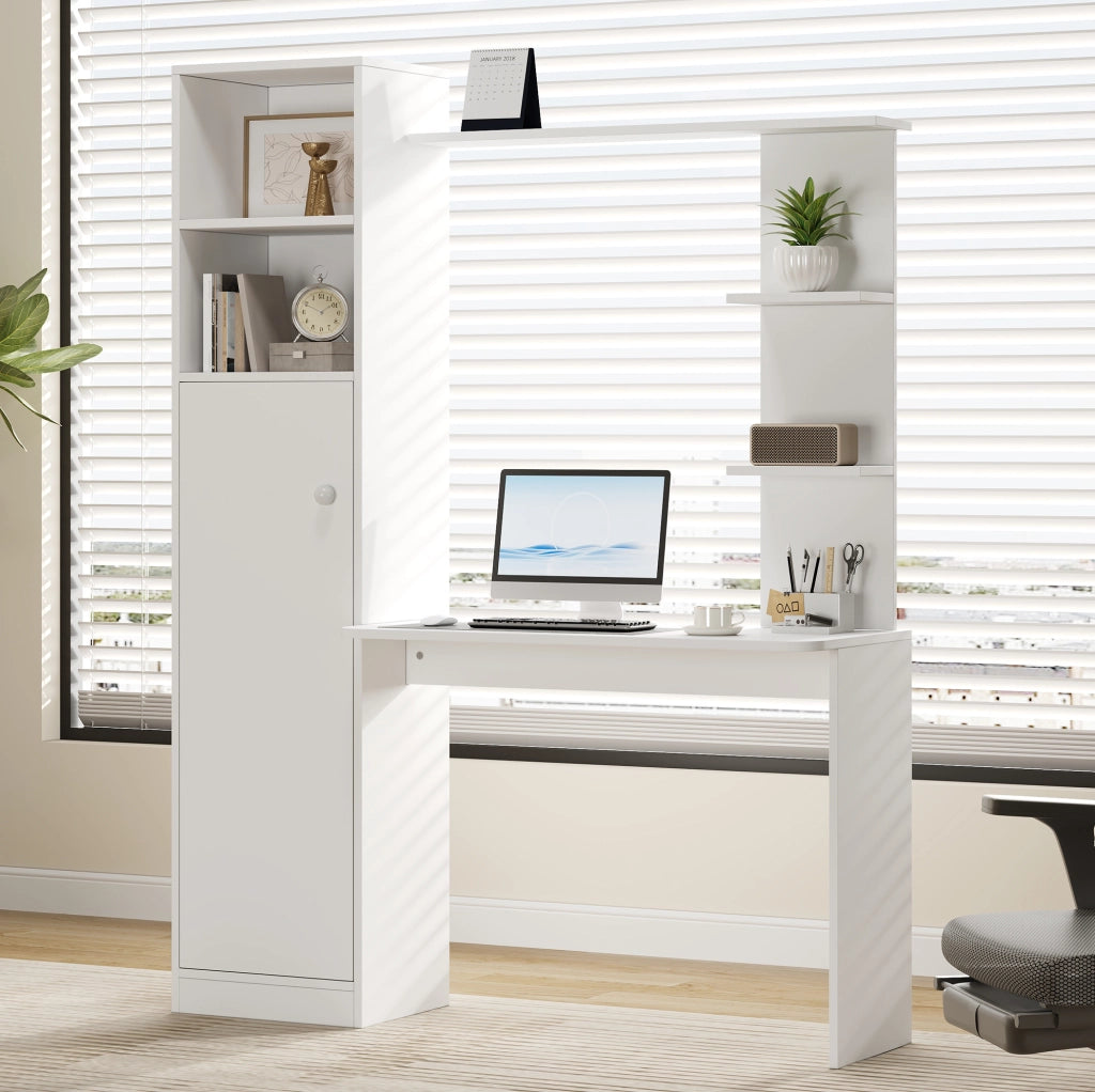 Scrivania 123.5x45x168.5 cm con armadietto e scaffali in MDF bianco
