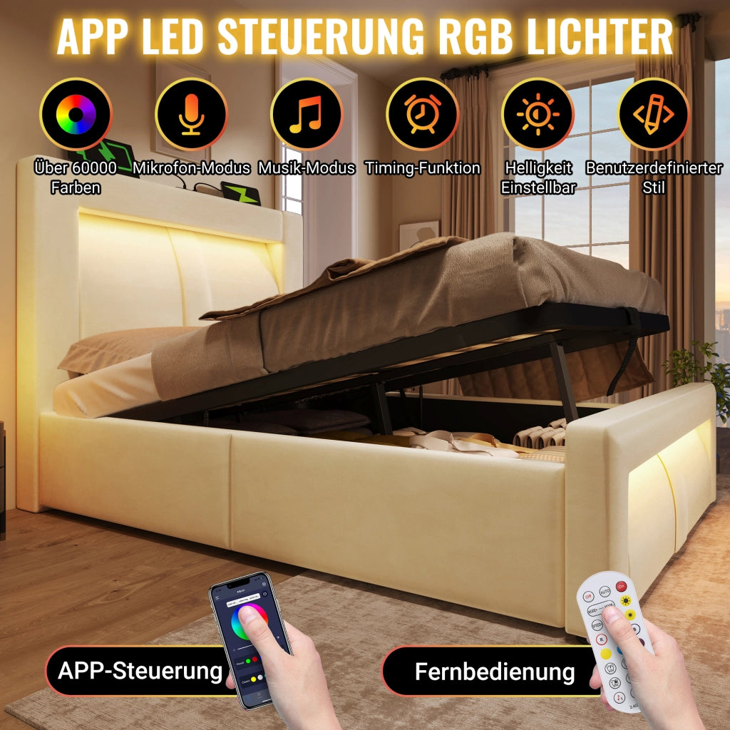 OKWISH Letto Contenitore 160×200 cm, Letto Matrimoniale con LED Regolabile, USB, Type C e Testiera Curva, senza Materasso, in Velluto, Beige