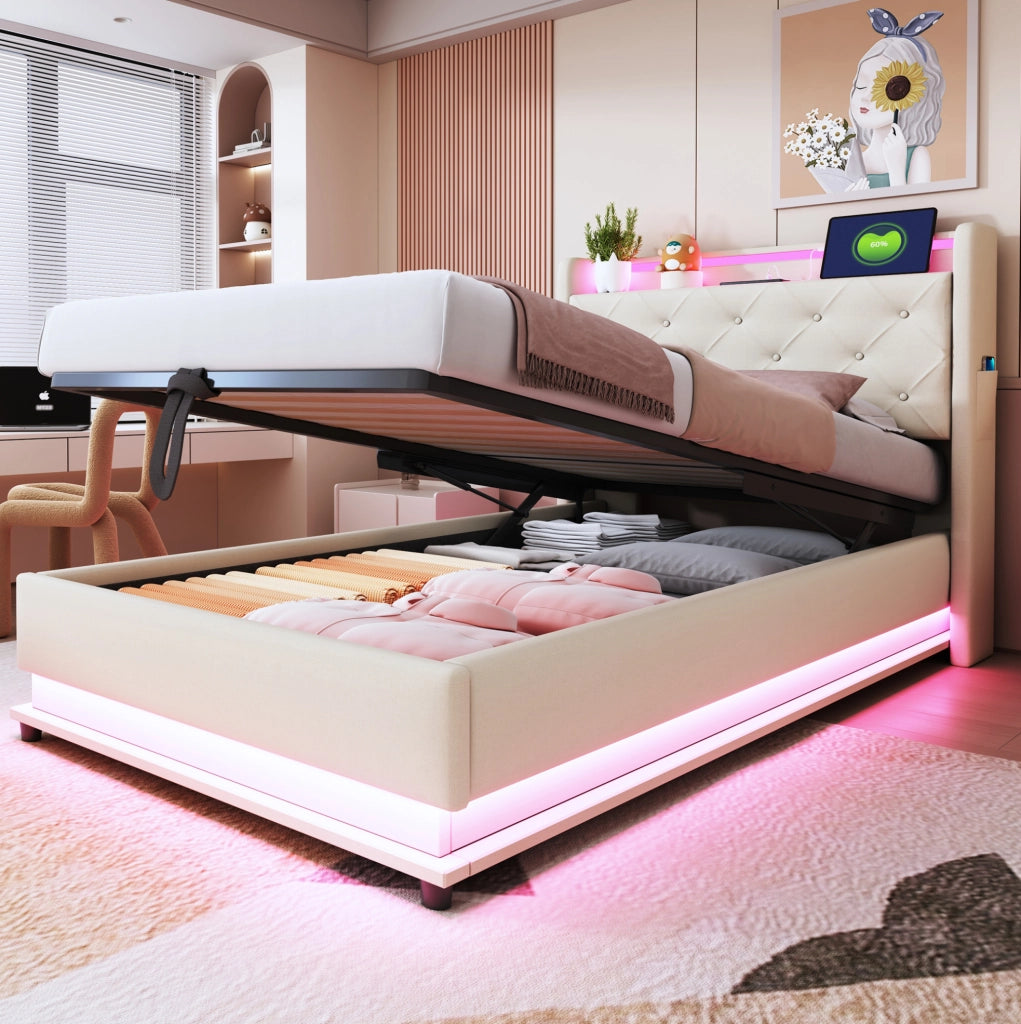 Letto singolo imbottito ULEVR 90x200 cm con contenitore idraulico, LED RGB, USB e Type-C, beige