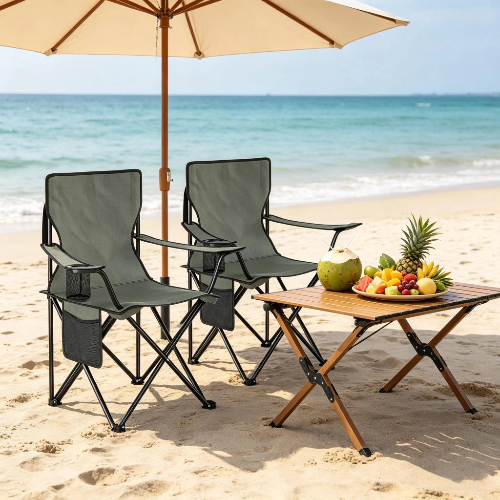 SEDIA da campeggio pieghevole set da 2 pezzi con portabicchieri 47x76x80,5 cm grigio scuro