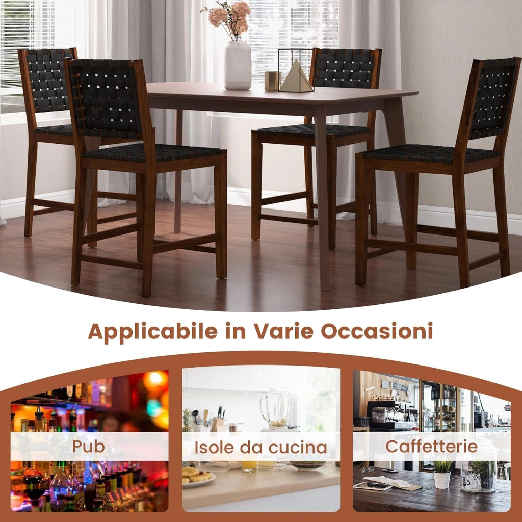 Sgabelli da Bar, 2 Sedie Alte con Cinturini in Similpelle, Schienale Accogliente e Struttura in Legno Massello, Sgabelli per Cucina, Sala da Pranzo, Ristorante e Bar