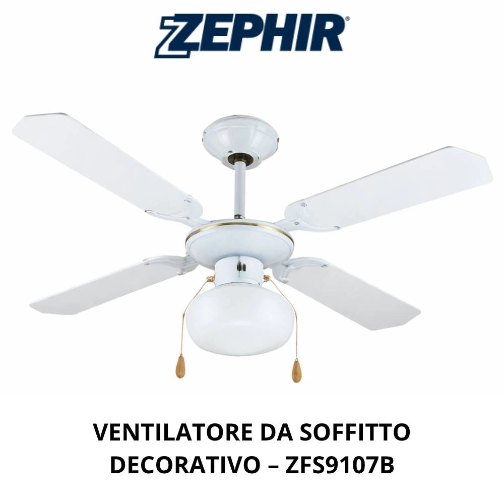 Ventilatore a soffitto zephir zfs9107 con luce e 4 pale, 3 velocità *** colore bianco, confezione 1