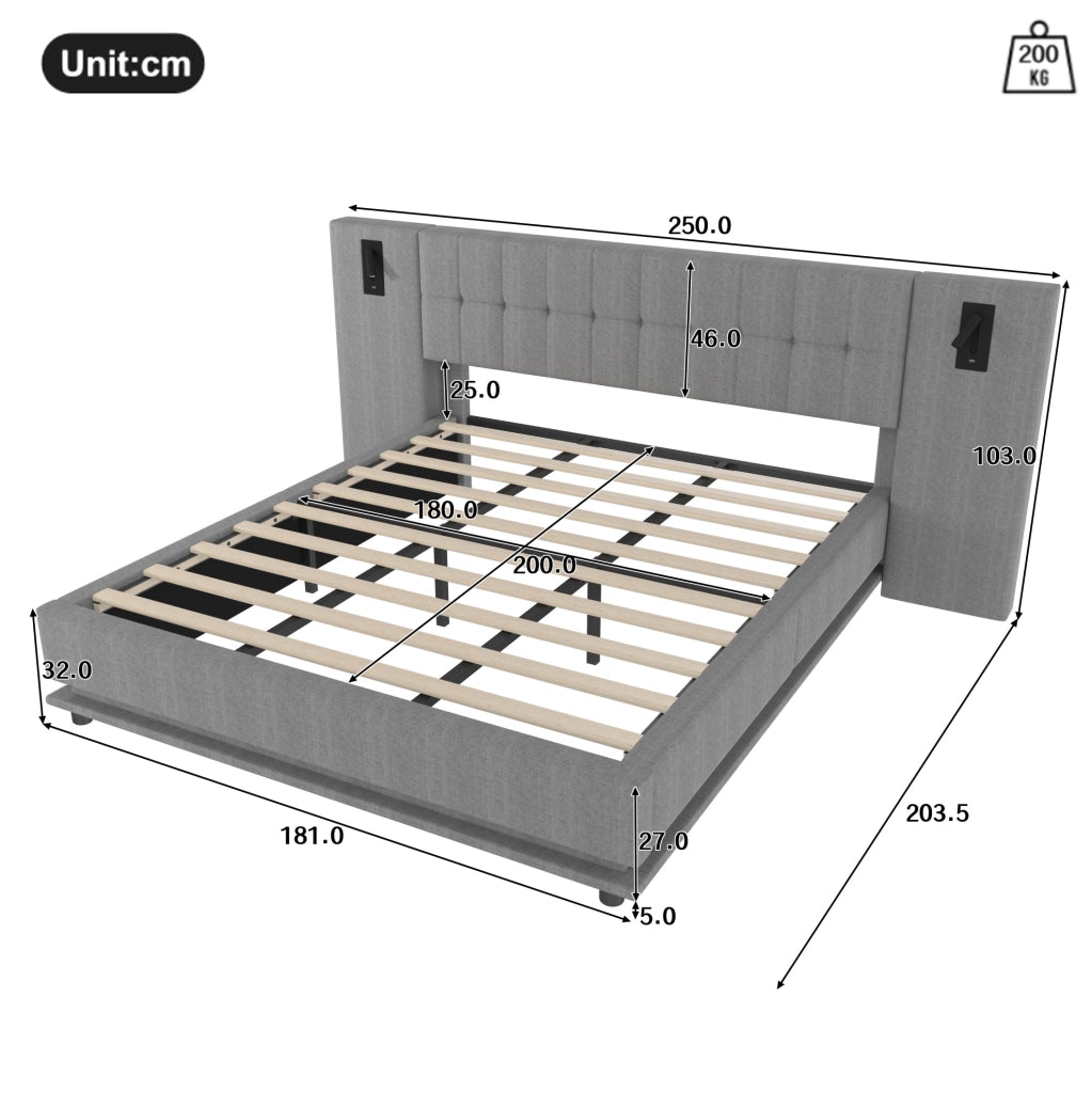 Letto imbottito 180 x 200 cm grigio in lino con LED, spot e USB