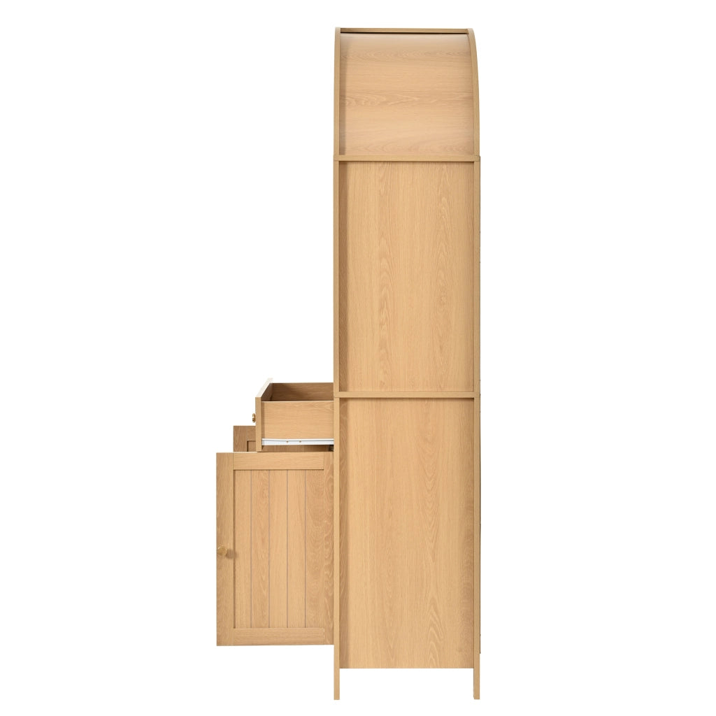 Credenza alta con 2 ante, cassetto e ripiani aperti, portaspezie interni, per cucina e soggiorno, in MDF, naturale