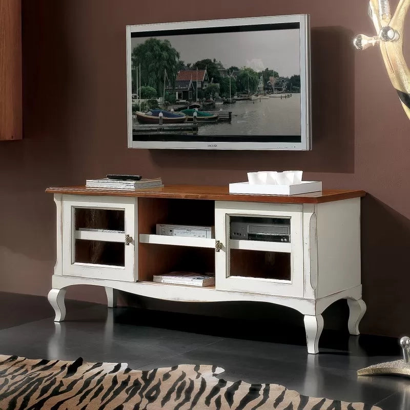 Porta tv 2 porte scorrevoli shabby legno bianco consumato 146x50x65 - Mobili 2G