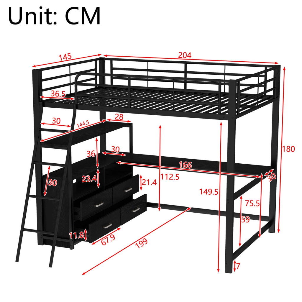 OKWISH Letto a soppalco 140×200 cm, Letto Matrimoniale con Scrivania ad L, 4 Cassetti e Vani, senza Materasso, in Metallo e MDF, Nero