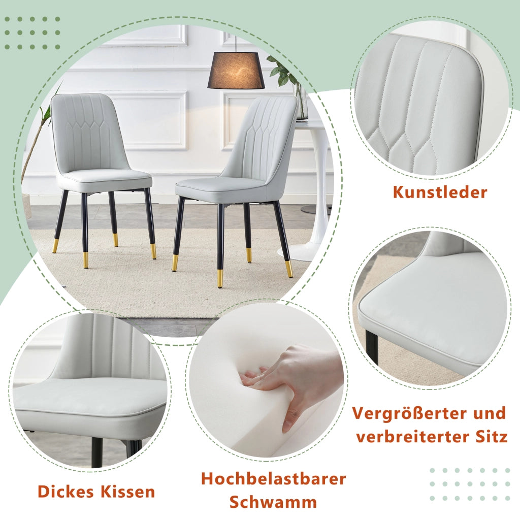 Chaise da pranzo in pelle pu con schienale ergonomico e seduta imbottita, gambe metalliche nere, grigio chiaro