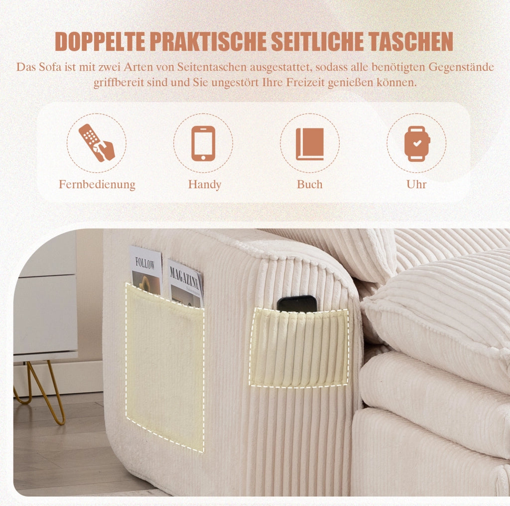 Divano modulare in velluto a coste beige con pouf; tasche laterali e cuscini; 263 x 167 x 85 cm