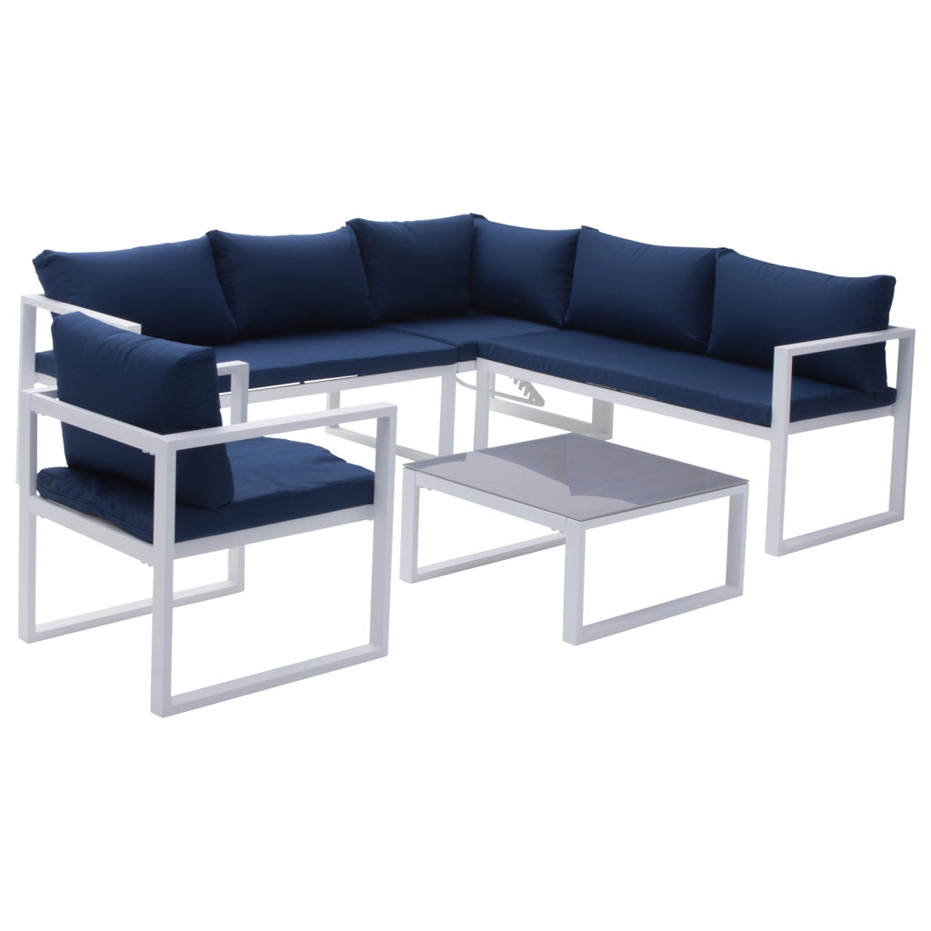 Set di mobili da giardino componibili IBIZA in tessuto blu, 7 posti a sedere - alluminio bianco