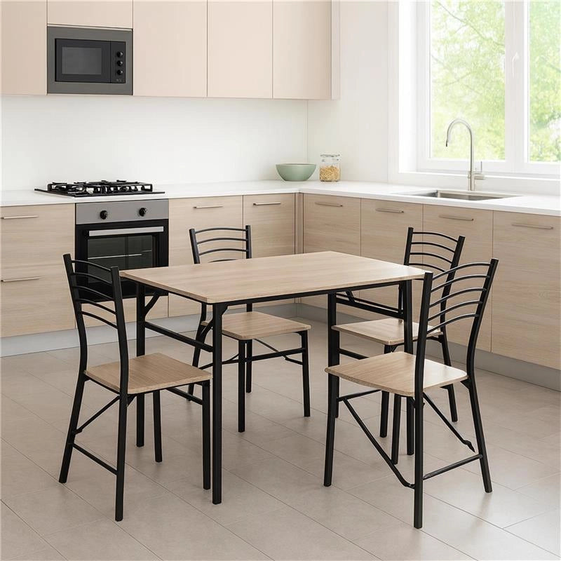 SET ZOY CON TAVOLO E 4 SEDIE PIEGHEVOLI COLORE NERO E ROVERE, STRUTTURA IN METALLO E SEDUTA IN LEGNO