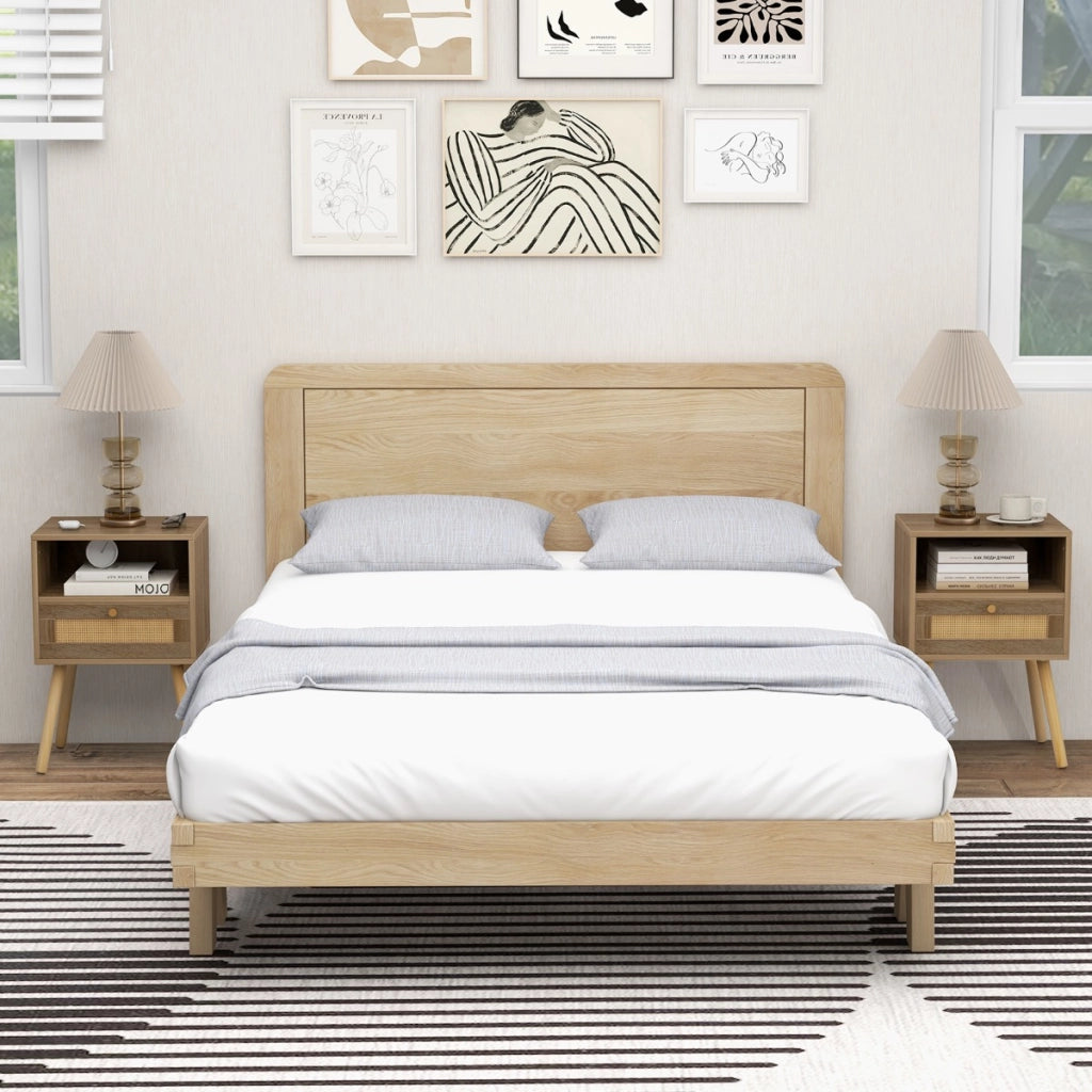 Set di 2 comodini in rattan con cassetto, Tavolini laterali stile boho da letto in legno per soggiorno Naturale-Comodini