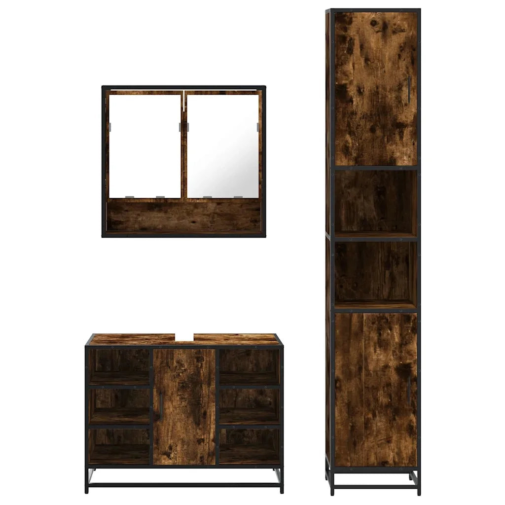 Set Mobili da Bagno 3 pz Rovere Fumo in Legno Multistrato