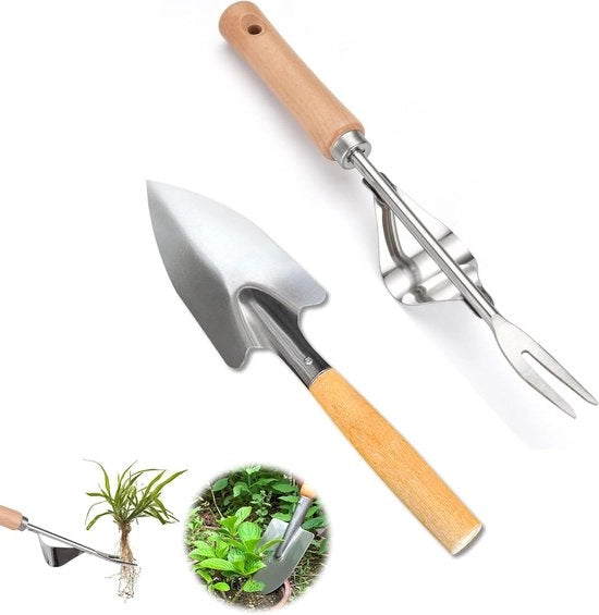 Set di giardinaggio 2 in 1 con rastrello e strappatrice erbacce - acciaio inox, rastrello floreale, raccoglitore radici con manico in legno - per bonsai, piante, fiori in vaso, giardino - attrezzo utile per il giardinaggio.
