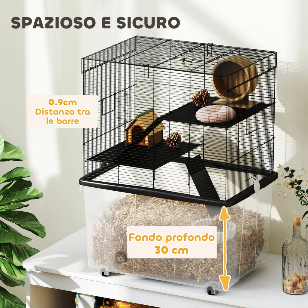 Gabbia per Criceti 3 Piani con Ruote, 2 Piattaforme, Rampe, Ciotola e Bottiglia, 58x43x74 cm, Nero