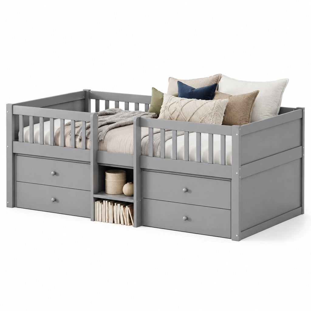 Letto semidivano 90x200 cm con 4 cassetti; sponde di sicurezza e scala; grigio