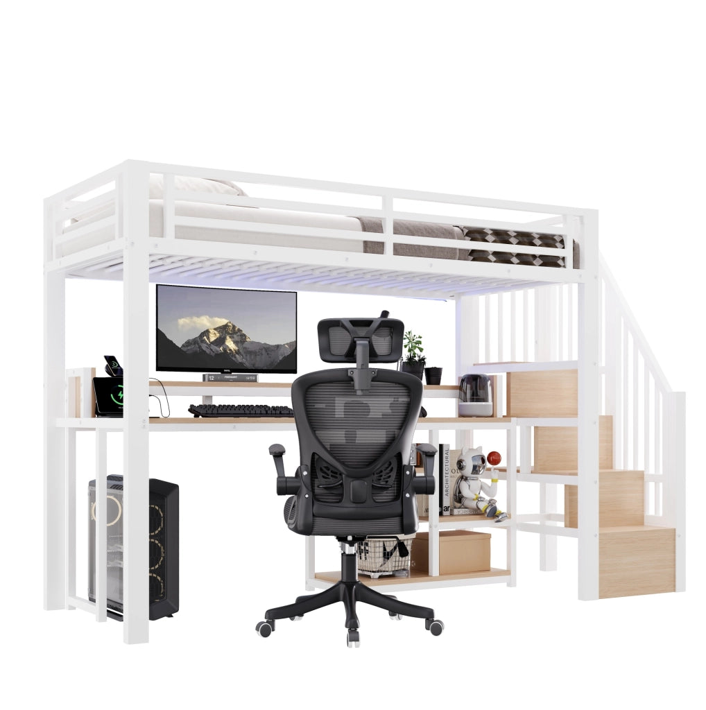 Letto a soppalco 90x200 cm con LED, USB-C e armadio scala