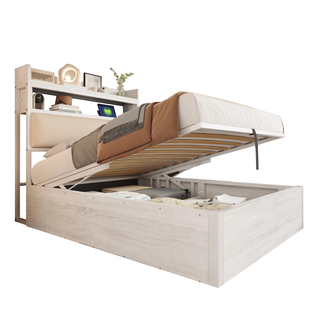 OKWISH Letto Contenitore 90×200 cm, Letto Singolo con Sollevamento Idraulico, USB e Testiera Imbottita, senza Materasso, Bianco
