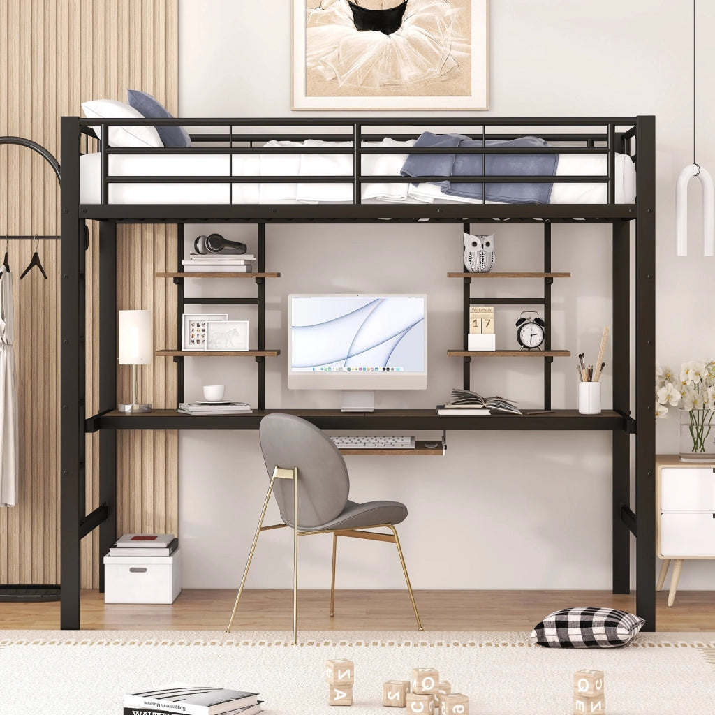 Letto a Soppalco Singolo con Scrivania; 2 Scaffali e Scala 90×200 cm; senza Materasso; Metallo; Nero