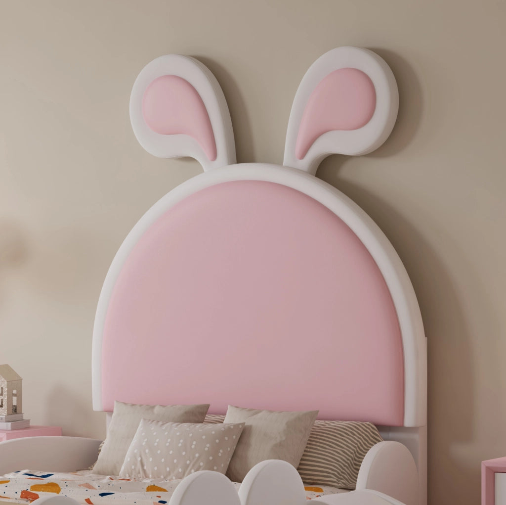Letto singolo imbottito per bambini con scivolo, scaletta e testiera a coniglietto