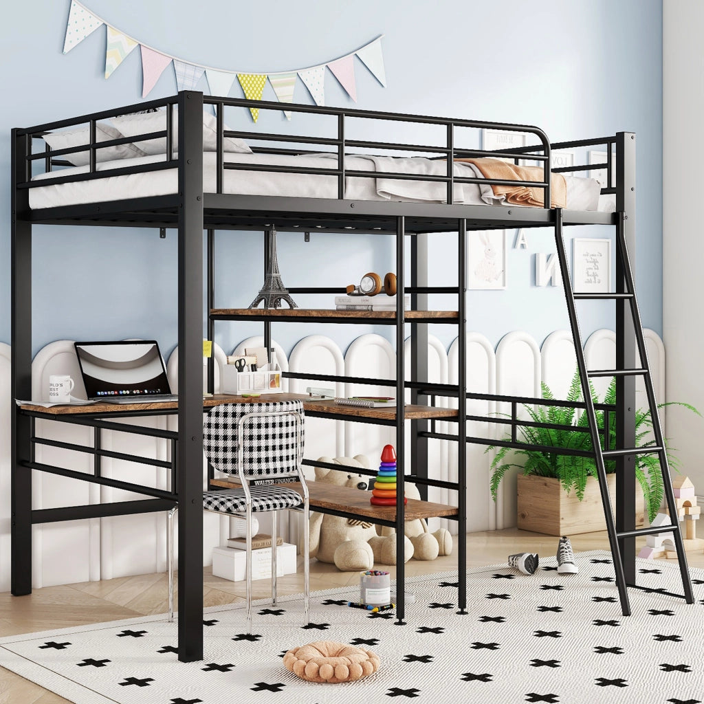 Letto a castello nero in metallo con scrivania e scaffali 90x200 cm