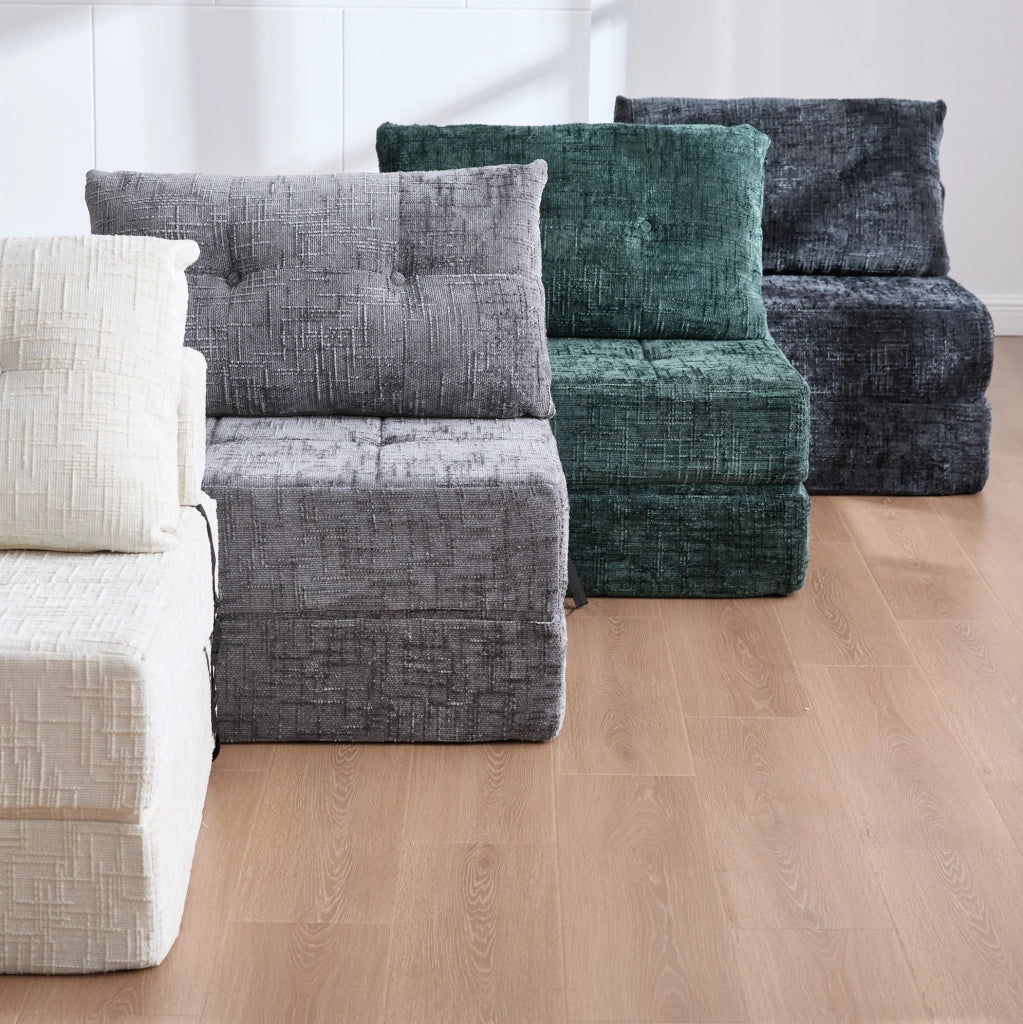 Divano letto pieghevole in ciniglia verde smeraldo con cuscini e imbottitura ad alta densità