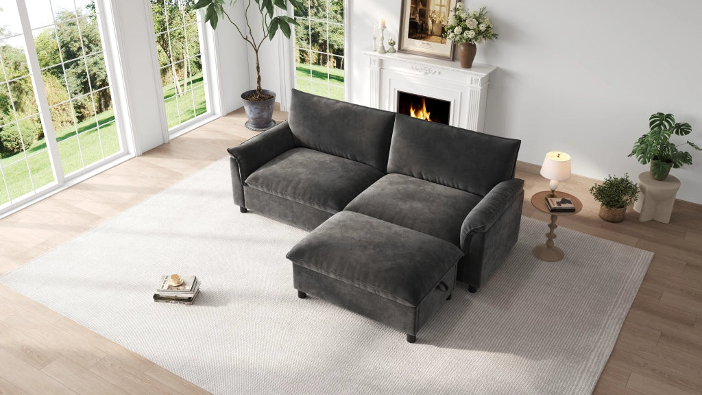 Divano modulare Cloud in chenille nero con pouf contenitore e funzione letto temporaneo