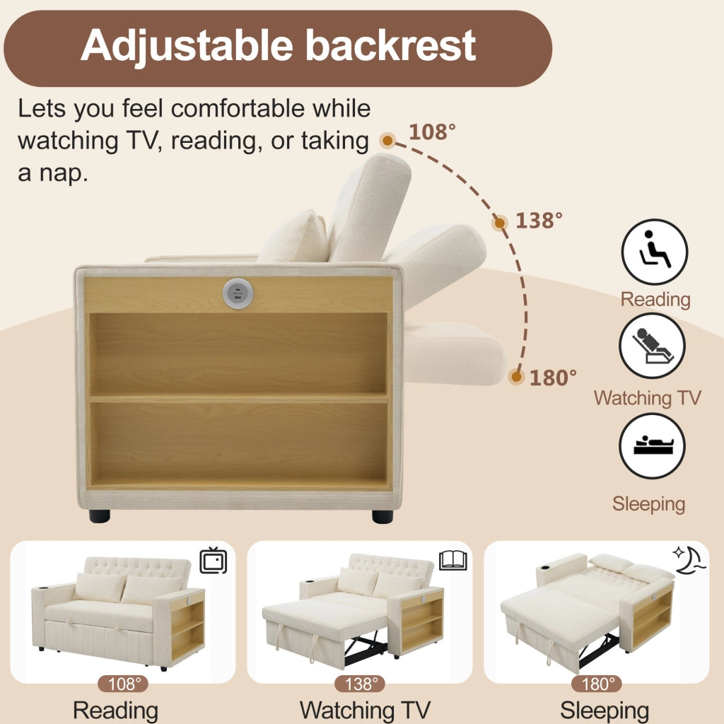 Divano letto 2 posti con schienale regolabile; USB e portabicchieri; ciniglia beige