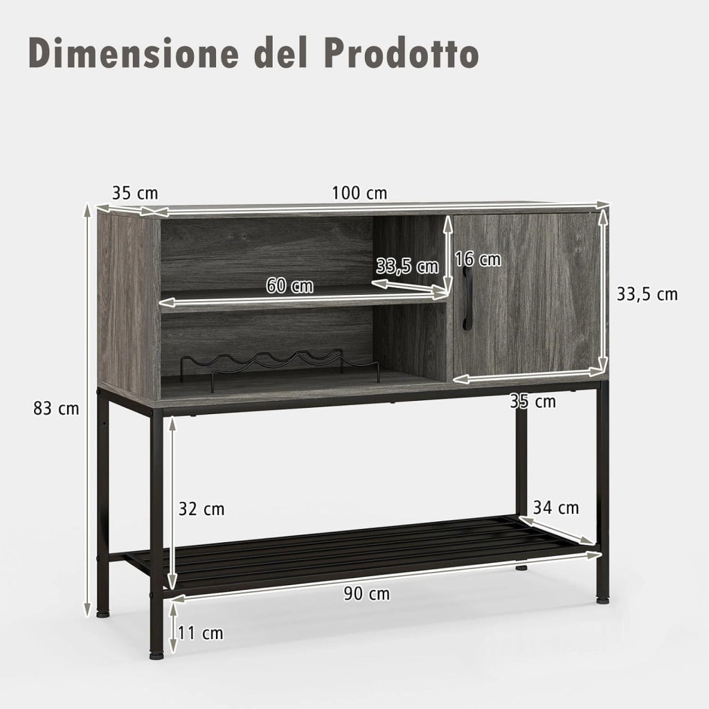 Credenza Buffet da Cucina, Mobile da Cucina con Portabottiglie e Mensole, per Sala da Pranzo, Soggiorno e Ingresso, 100 x 35 x 83 cm (Grigio)