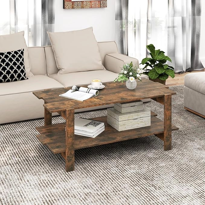 Tavolino da Caffè a 2 Ripiani, Tavolino Rettangolare da Salotto in Legno con Mensola di Stoccaggio, Ideale per Ufficio e Soggiorno, 115 x 59 x 46 cm (Marrone)