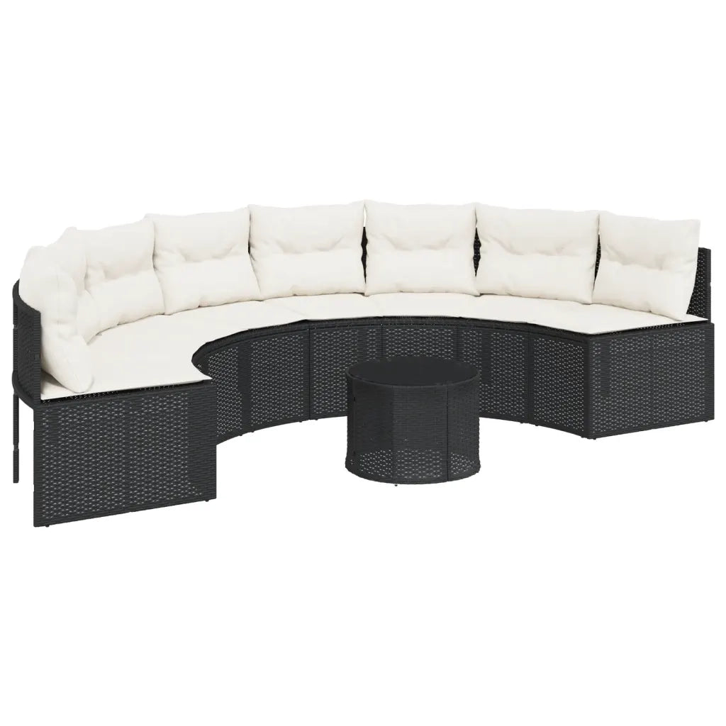 Divano Giardino Tavolo e Cuscini Semicircolare Nero Polyrattan