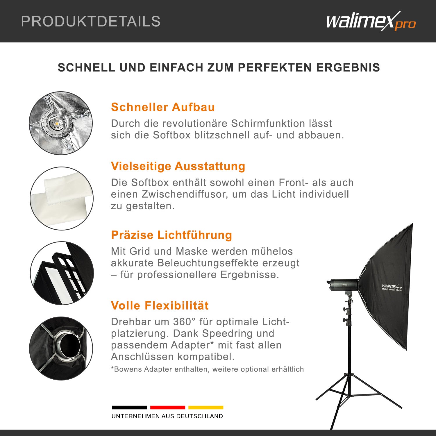 Studio Softbox a ombrello 80x120cm, girevole a 360°, con griglia, maschere, adattatore Bowens, per fotografia di prodotti e persone