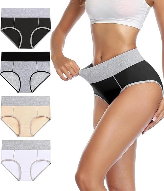 Quattro pacchi di slip comodi per donne, alta cintura, slip di cotone robusto per sollevare le anche e sottolineare la vita, (Bianco + Giallo + Nero + Nero e Grigio)-L