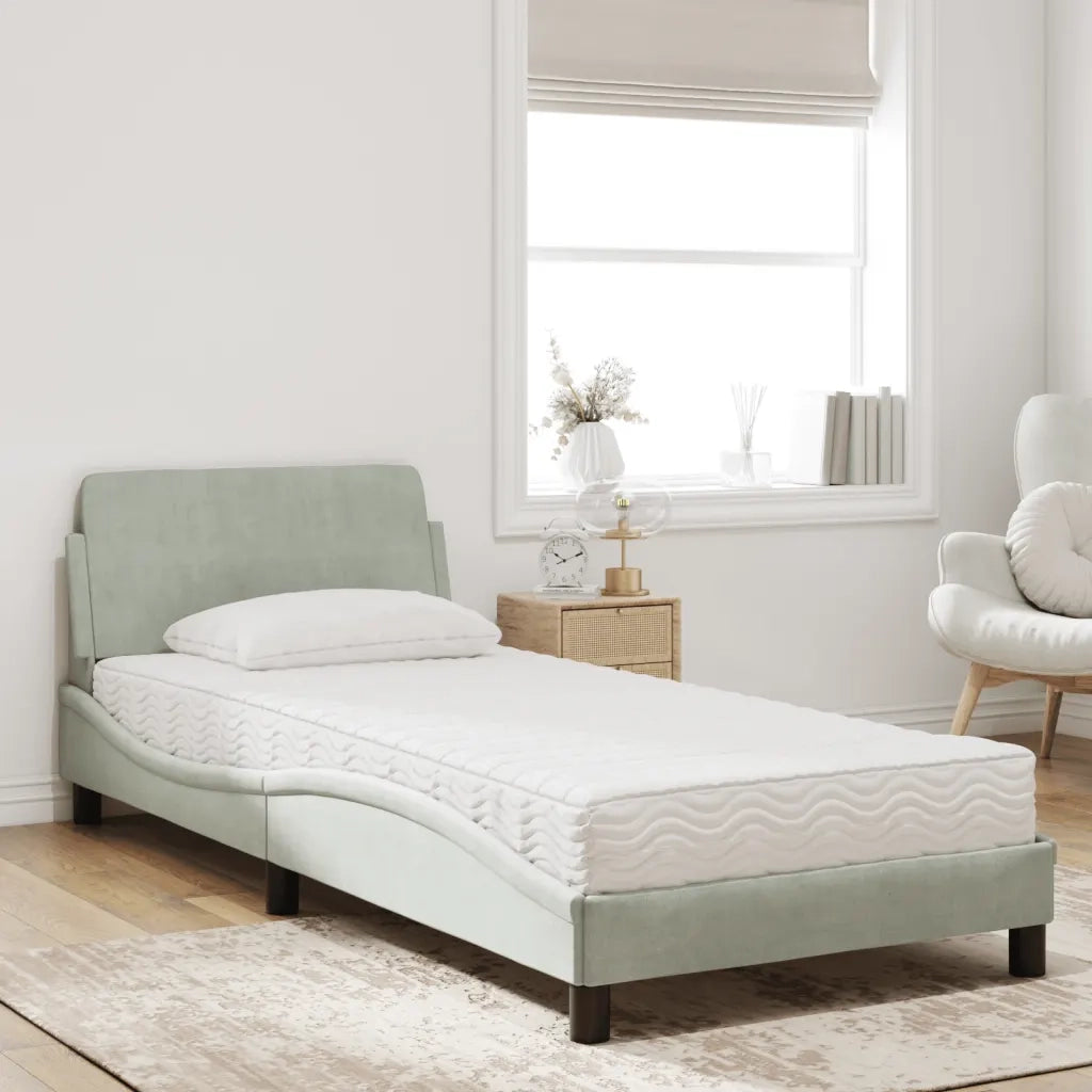 Letto singolo | Letto per adulti | Letto con Materasso Dover Grigio Chiaro 90x200 cm in Velluto
