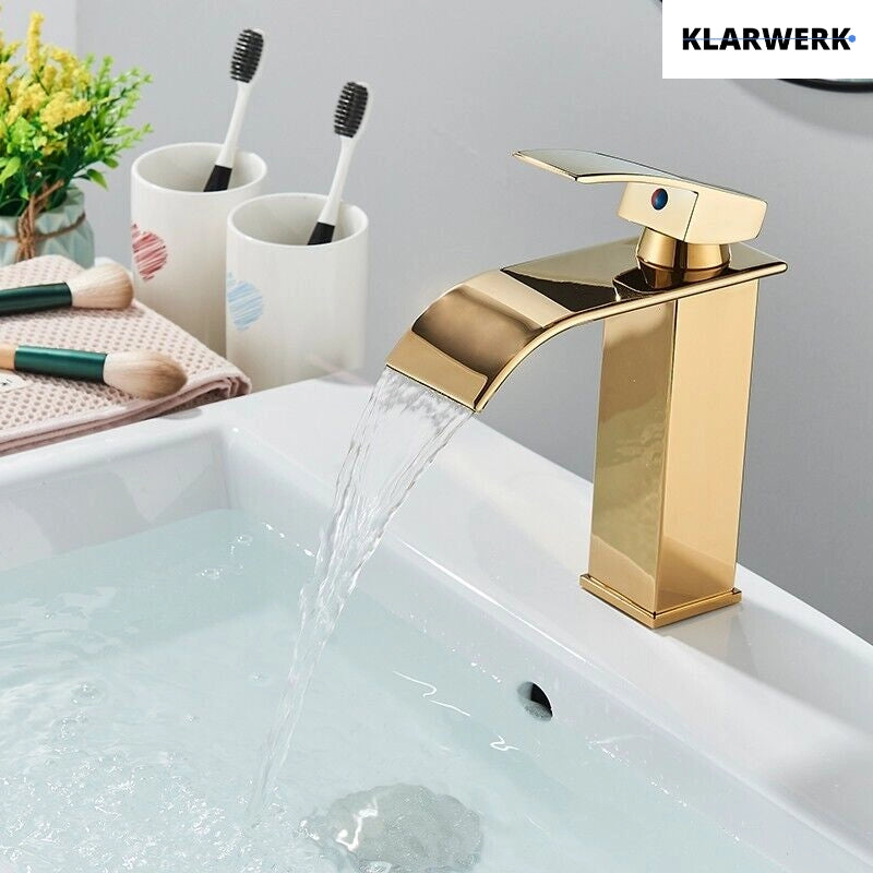 ROSA | Rubinetto da bagno a cascata Premium oro lucido  per lavabo in acciaio inox per catering | Miscelatore lavabo quadrato con rubinetto di design