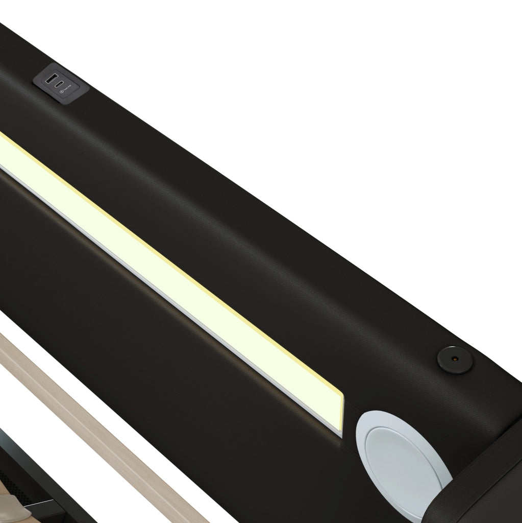 Letto imbottito 160x200 cm in PU nero con LED, Bluetooth, USB e vano contenitore