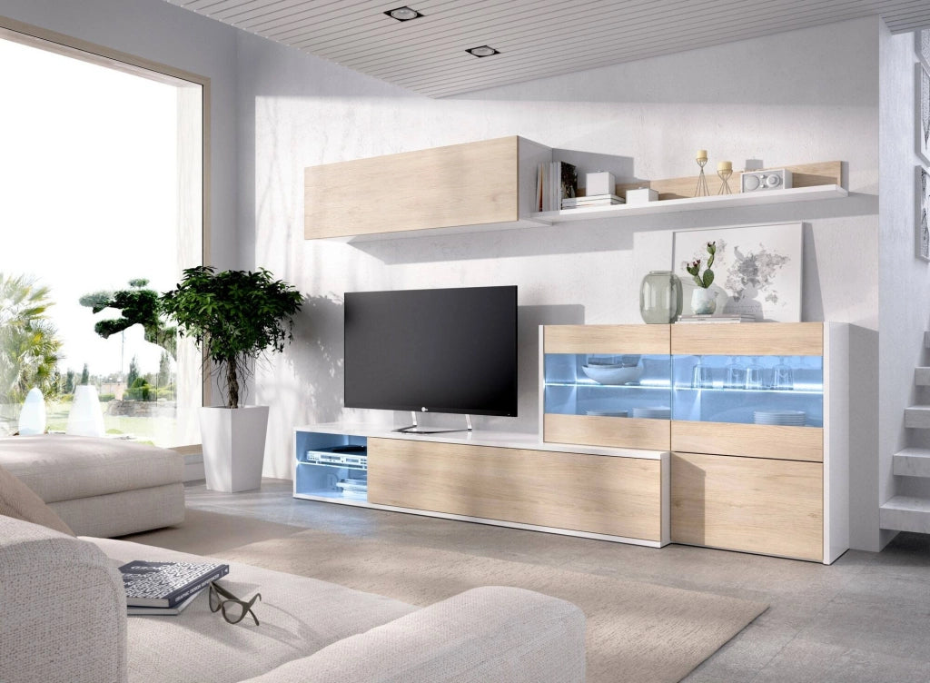 Parete attrezzata Agio, Set da soggiorno modulare ad angolo, Mobile salotto multiposizione con luce LED, 260x41h180 cm, Rovere e Bianco