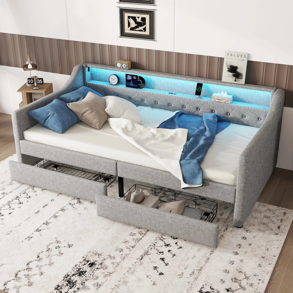 OKWISH Letto a Divanetto 90×200 cm, Letto Singolo con LED Regolabile, 2 Cassetti, USB e Telecomando, senza Materasso, in Lino, Grigio