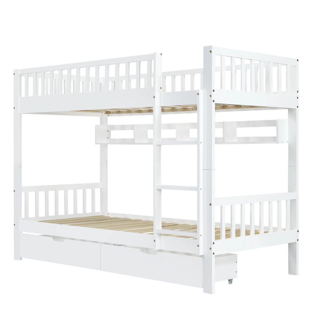 Letto a castello per bambini 90x200 cm bianco in legno di pino e MDF; con scala reversibile e spazio contenitivo