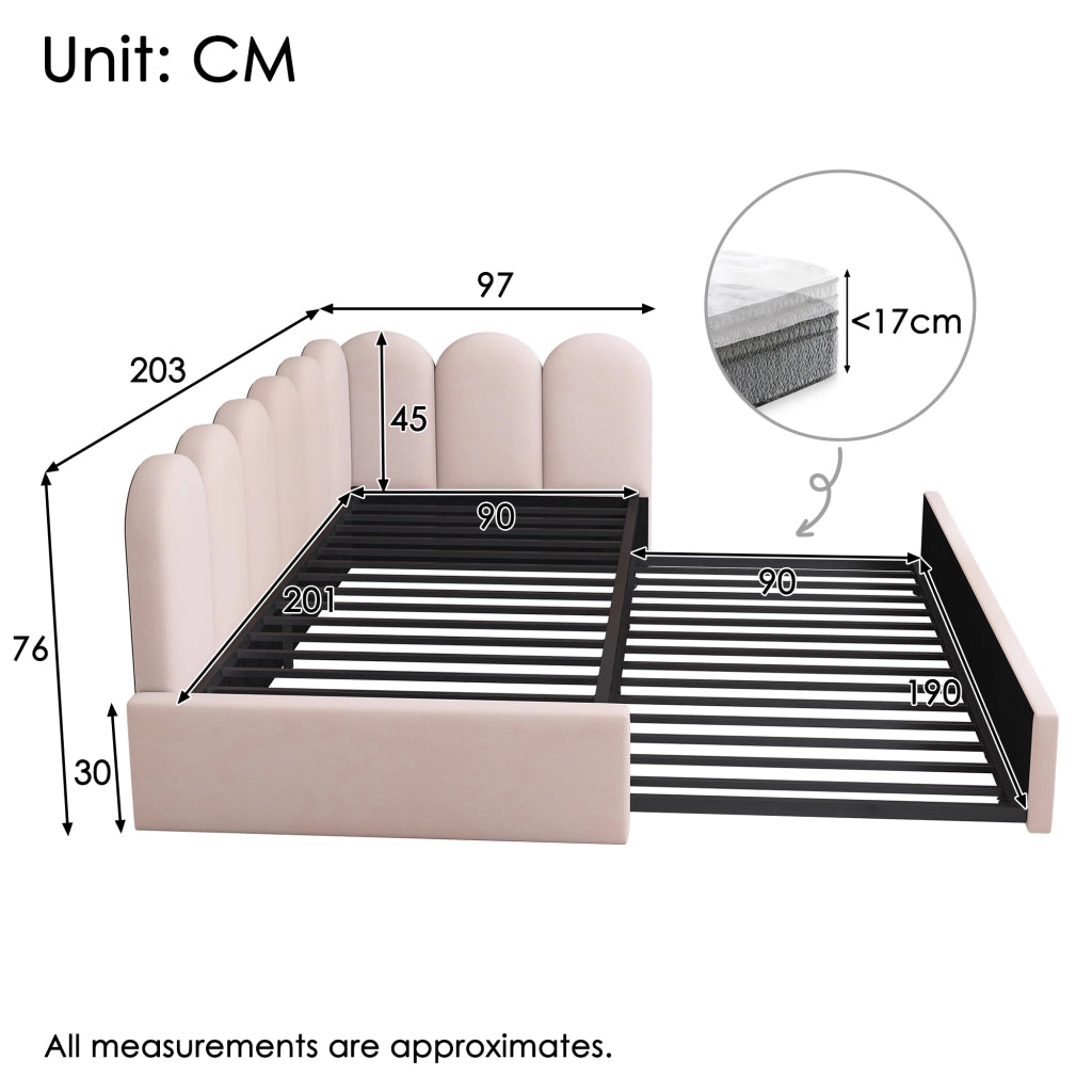 OKWISH Letto Estraibile 90×200 cm, Letto Singolo con Secondo Letto 90×190 cm, Sponde e Schienale Imbottito, senza Materasso, Velluto, Rosa