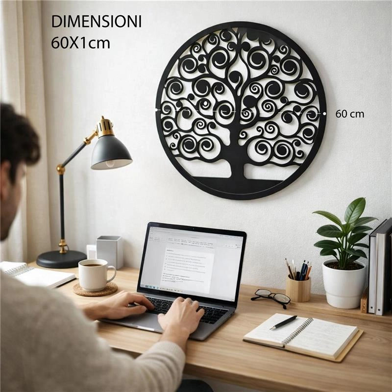 PANNELLO DEORATIVO TONDO IN METALLO 60 CM ALBERO DELLA VITA NERO
