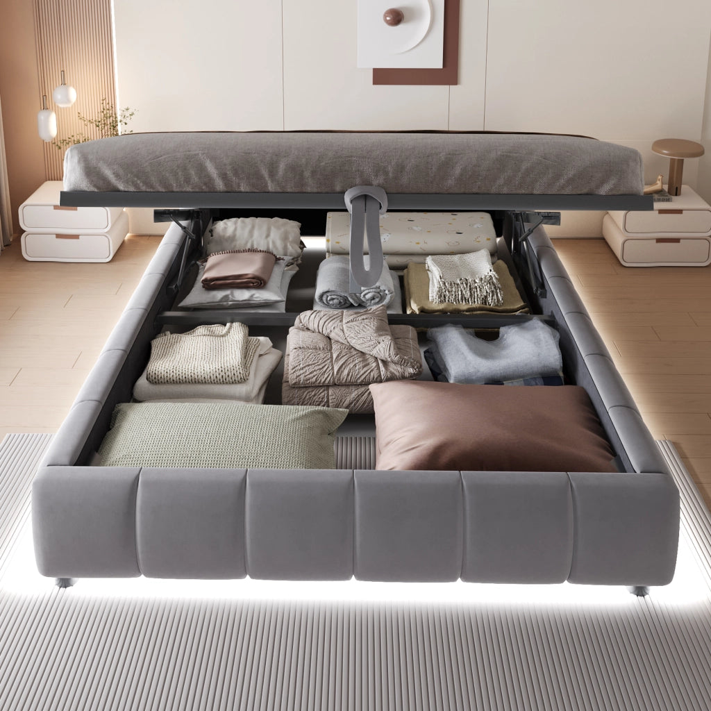 OKWISH Letto Contenitore 140×200 cm, Letto Matrimoniale con LED Bianca, Sollevamento Idraulico e Vano Contenitore, senza Materasso, Grigio