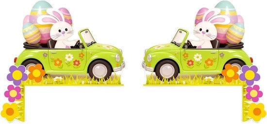 Decorazione di Pasqua per l'angolo della porta, decorazioni di Pasqua allegre per la porta, adatta per verande, giardini, decorazione interna ed esterna della casa, adatta per porte e finestre (coniglio e auto).