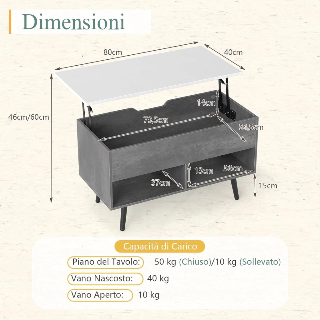 Tavolino da Salotto con Superficie Sollevabile, Tavolino da Caffè Moderno con Scompartimento Nascosto e 2 Ripiani, Ideale per Salone, Ufficio e Sala Riunioni (Grigio)