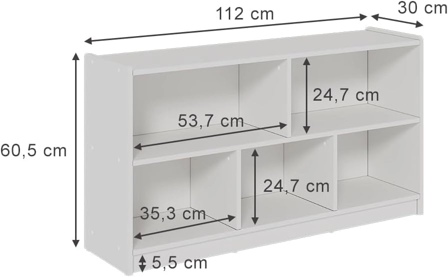 Scaffale per bambini Conny, Bianco, 112 x 60.5 cm, adatto per riporre giocattoli e libri