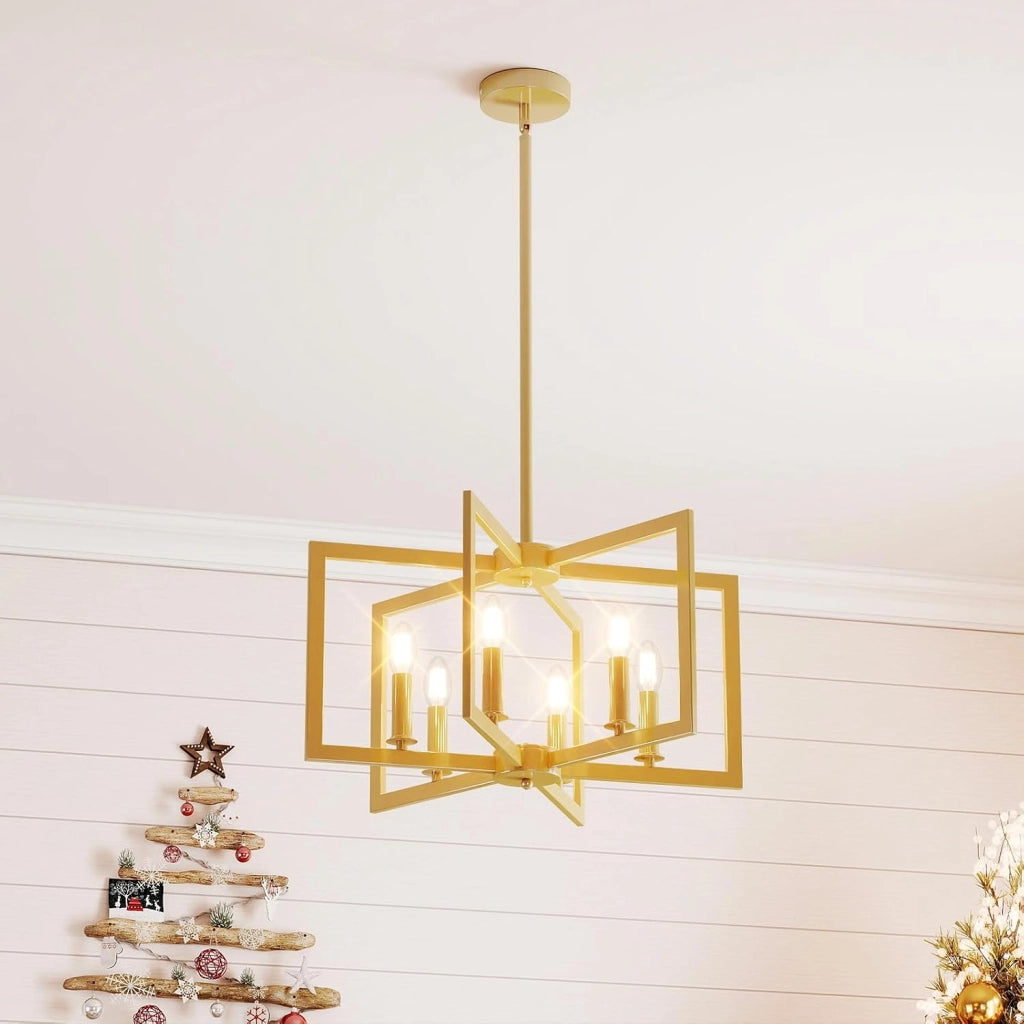 Lampadario a Sospensione a 6 Luci, Lampada a Sospensione Geometrica Moderna in Metallo Industriale con Altezza Regolabile, Lampada da Soffitto per Cucina, Salotto e Camera da Letto (Oro)