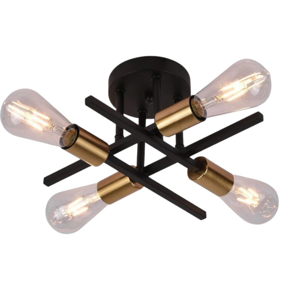 Trade Shop - Plafoniera A Soffitto Design Industriale Moderna Nero Oro 4 Portalampada Attacco E27 Pn-16 -