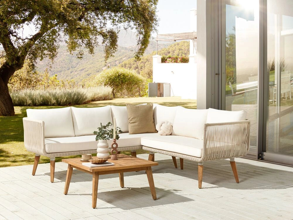 Set Giardino Rattan Beige Divano Ad Angolo Tavolo In Legno Patio Esterno Moderno 5 posti