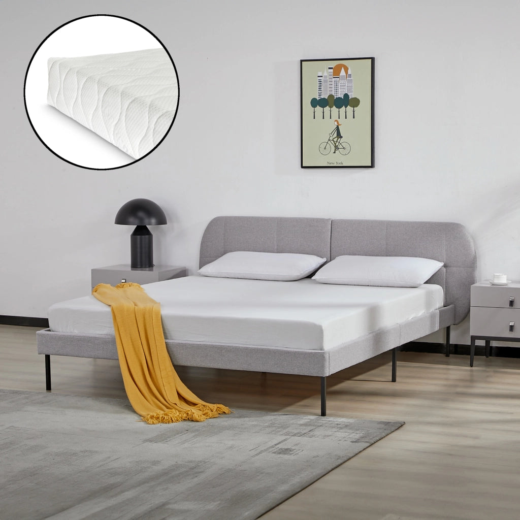Letto Matrimoniale Porvoo con Testiera e Materasso 160x200 cm Rivestimento in Tessuto - Grigio [en.casa]